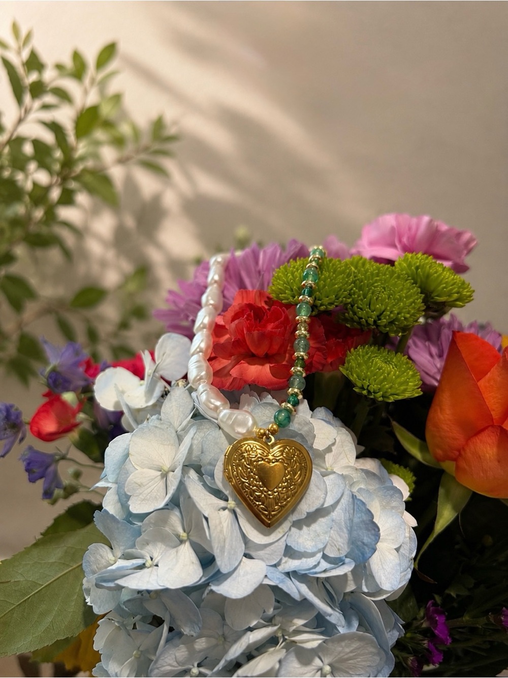 Gold Plated Heart Locket Beaded Necklace - White Faux Pearls & Green Glass Beads